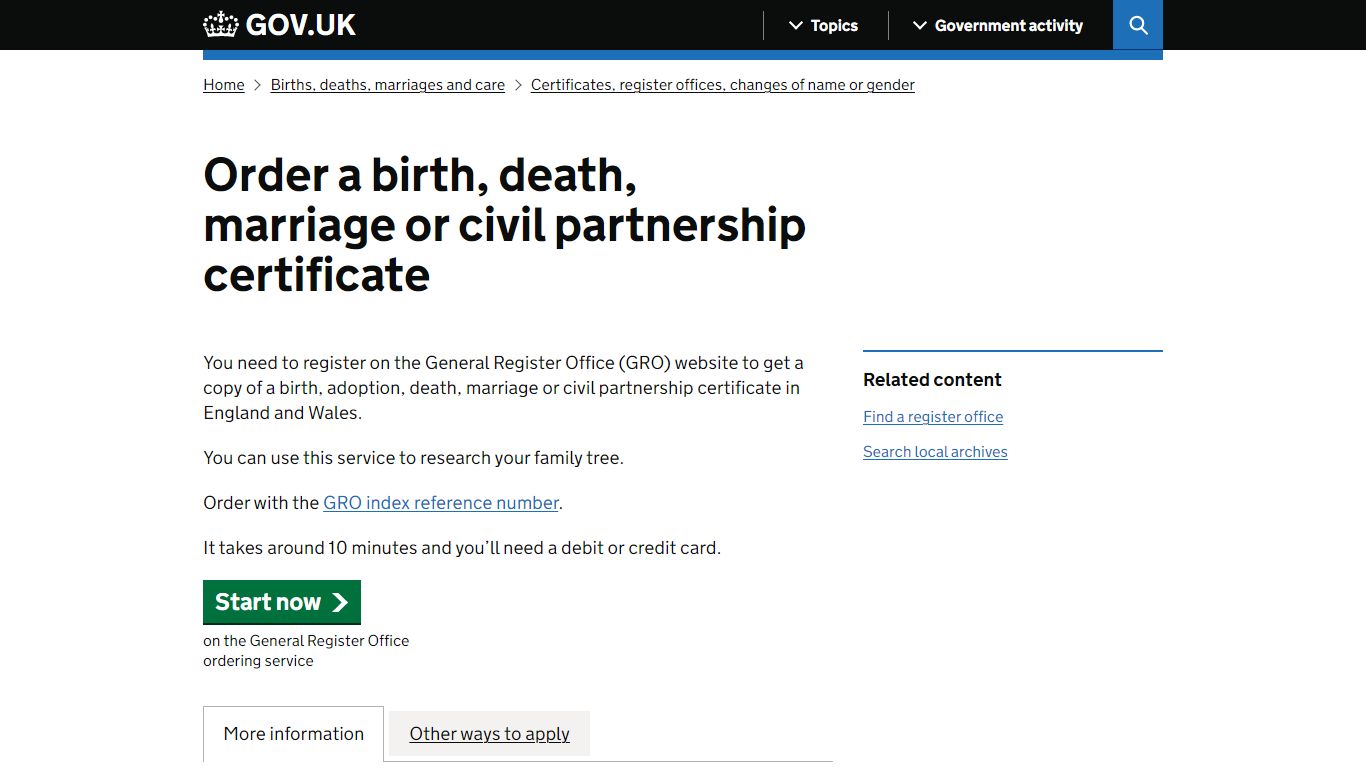 Order a birth, death, marriage or civil partnership certificate